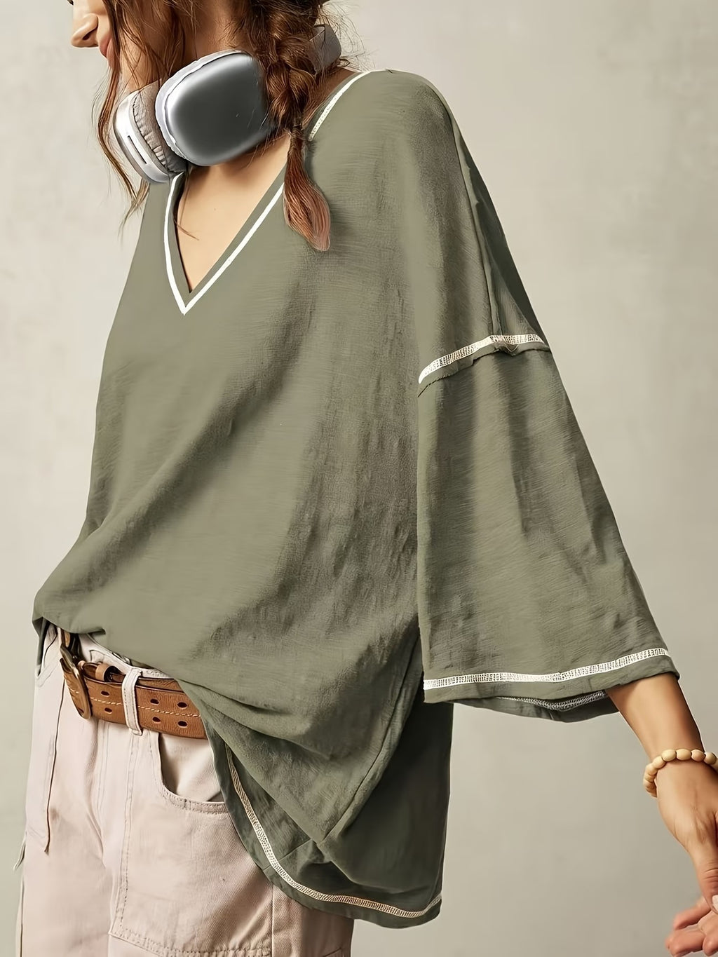 Oversized V-Neck Contrast-Trim Flared-Sleeve Tee - view 2
