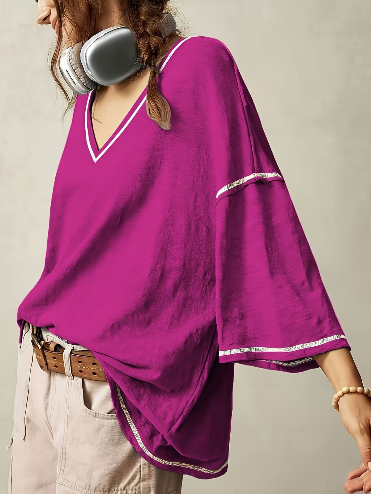 Oversized V-Neck Contrast-Trim Flared-Sleeve Tee - Purple