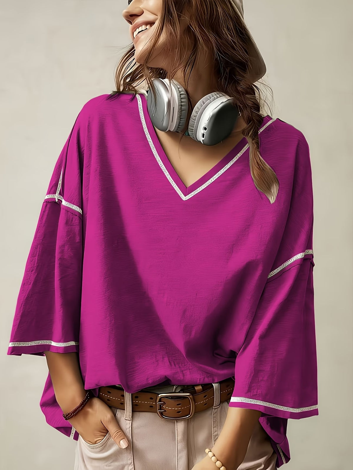 Oversized V-Neck Contrast-Trim Flared-Sleeve Tee - Purple - 2