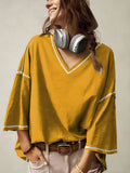 Oversized V-Neck Contrast-Trim Flared-Sleeve Tee - Yellow - 2
