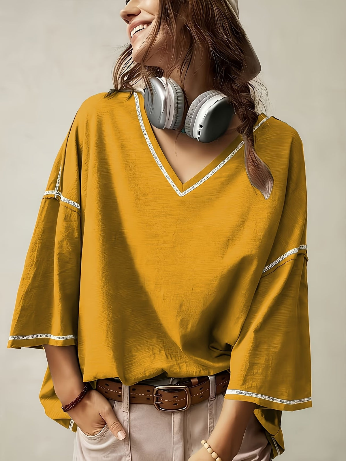 Oversized V-Neck Contrast-Trim Flared-Sleeve Tee - Yellow - 2