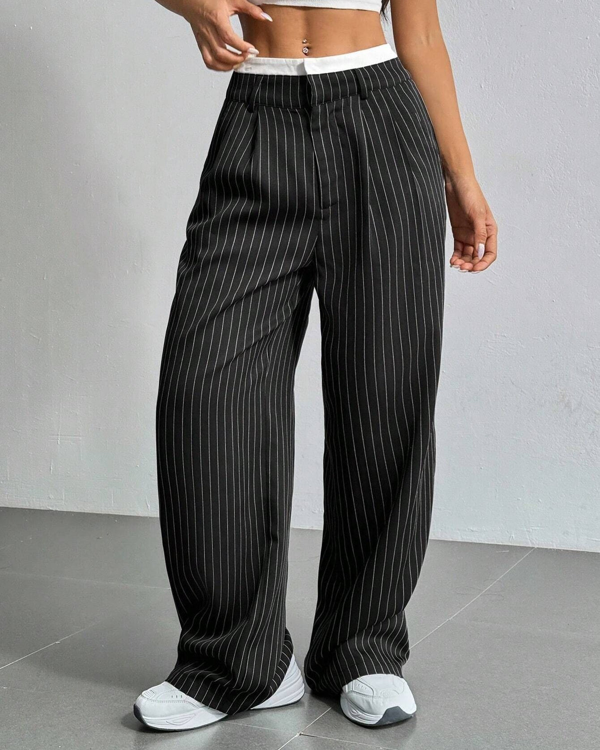 Pinstripe Contrast Waistband Straight Leg Trousers - Black