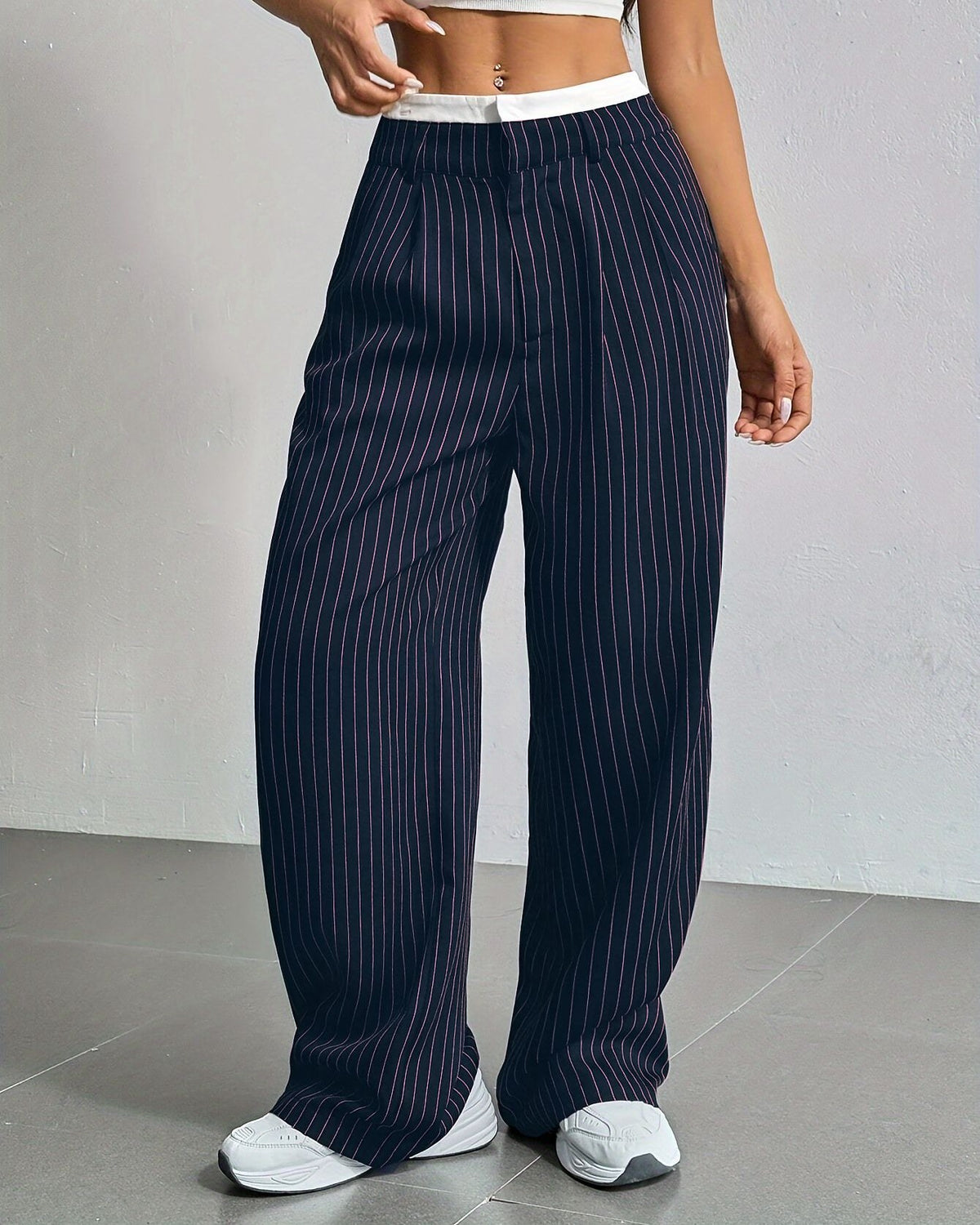 Pinstripe Contrast Waistband Straight Leg Trousers - Blue
