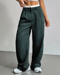 Pinstripe Contrast Waistband Straight Leg Trousers - Dark-Green