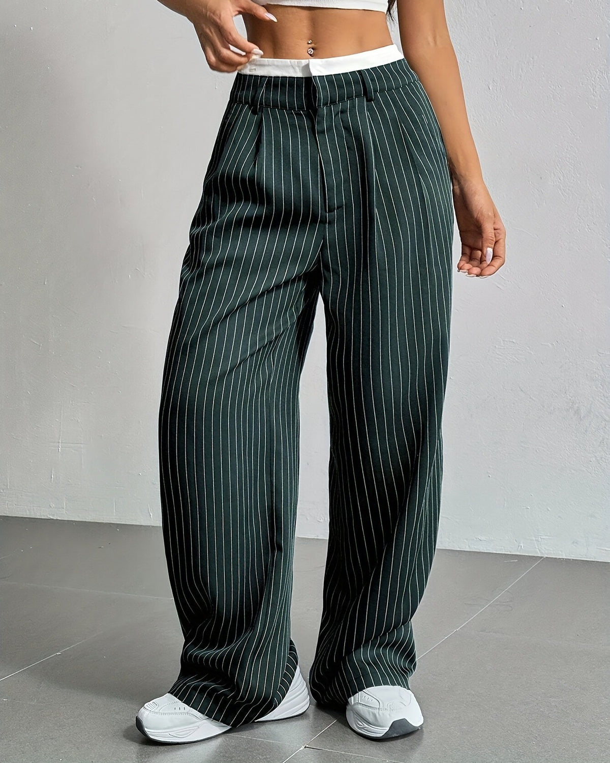 Pinstripe Contrast Waistband Straight Leg Trousers - Dark-Green