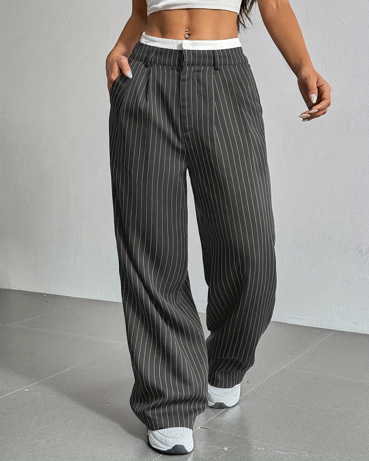 Pinstripe Contrast Waistband Straight Leg Trousers - Gray