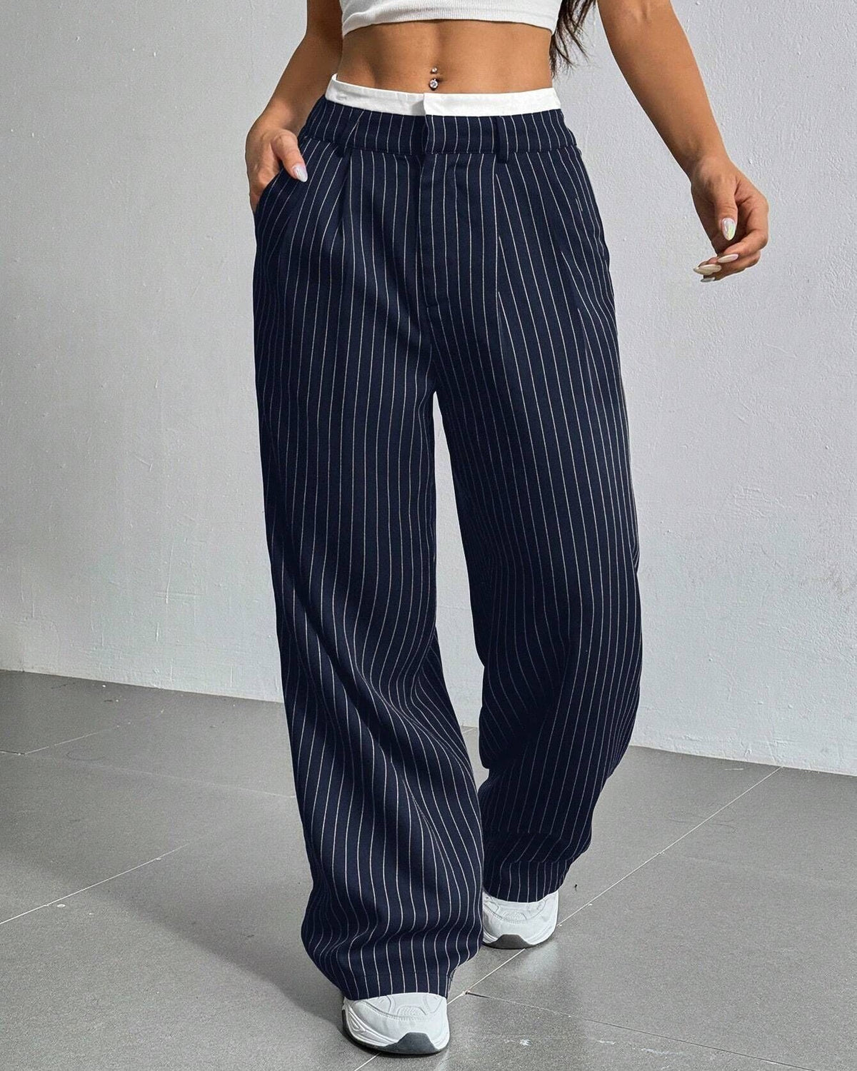Pinstripe Contrast Waistband Straight Leg Trousers - Navy-Blue