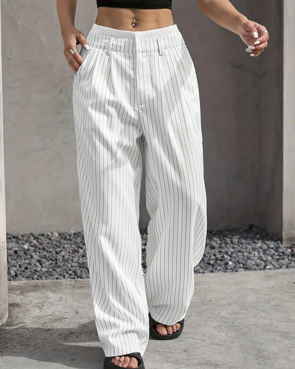 Pinstripe Contrast Waistband Straight Leg Trousers - White