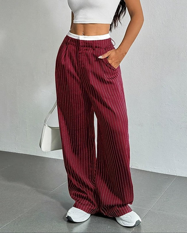 Pinstripe Contrast Waistband Straight Leg Trousers - Wine-Red