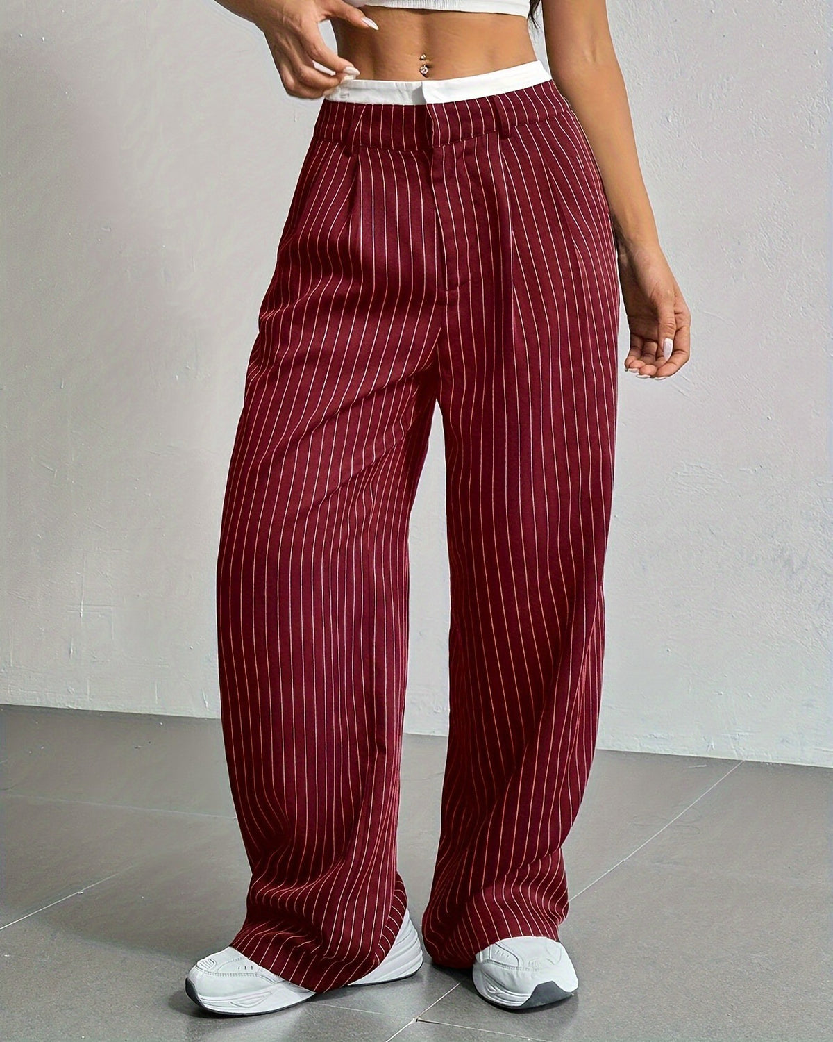 Pinstripe Contrast Waistband Straight Leg Trousers - Wine-Red - 1