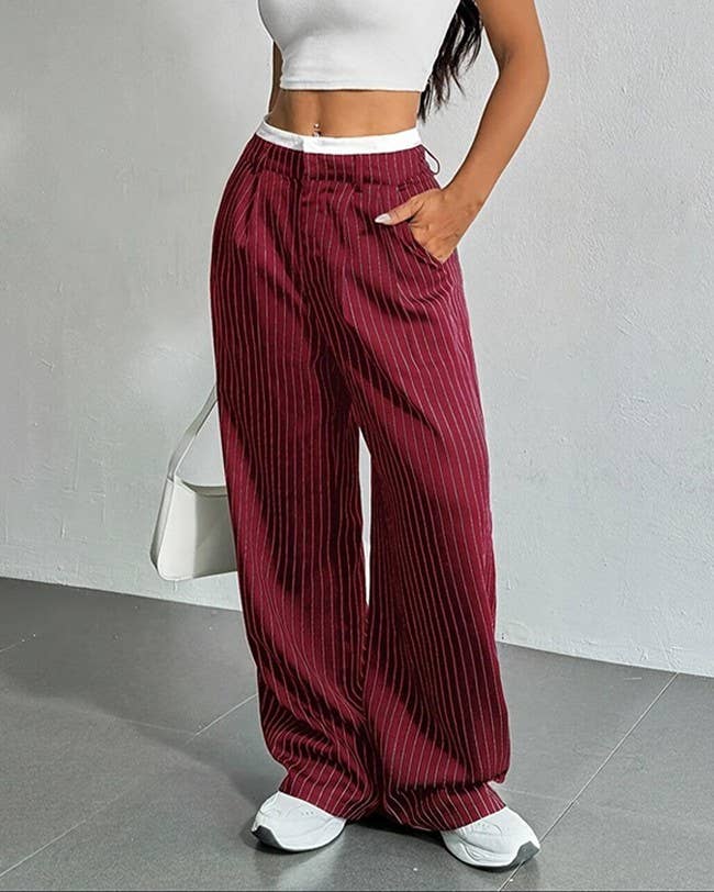 Pinstripe Contrast Waistband Straight Leg Trousers