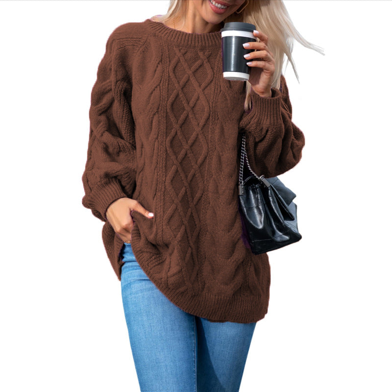 Oversized Cable Knit Tunic Sweater - Coffee