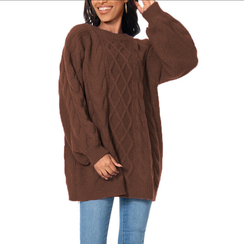 Oversized Cable Knit Tunic Sweater - Coffee - 3
