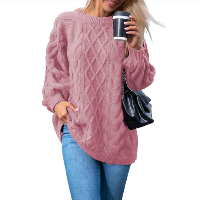 Oversized Cable Knit Tunic Sweater - Pink