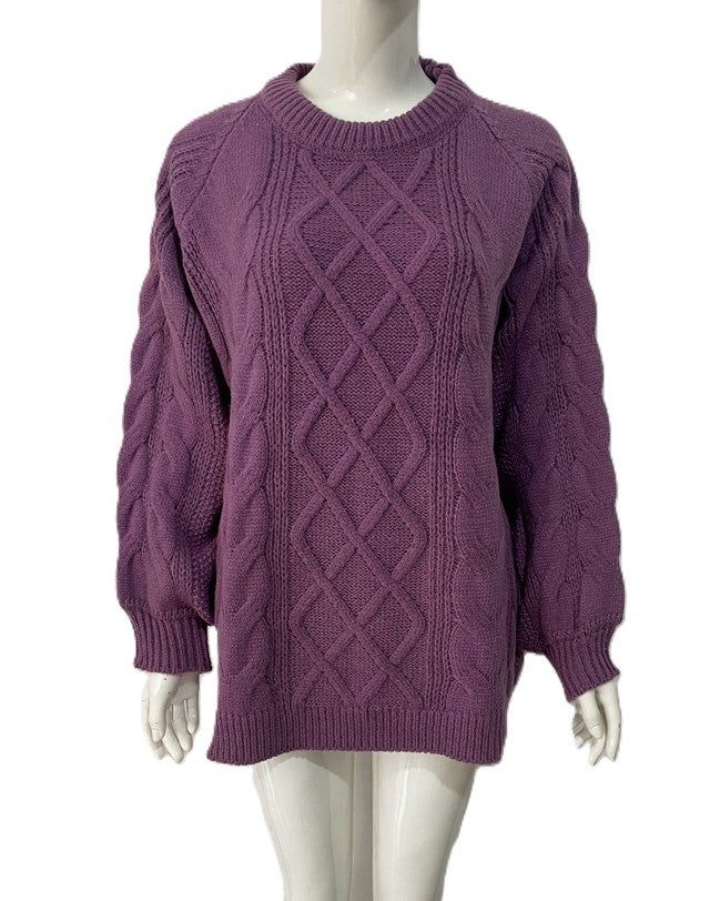 Oversized Cable Knit Tunic Sweater - Purple