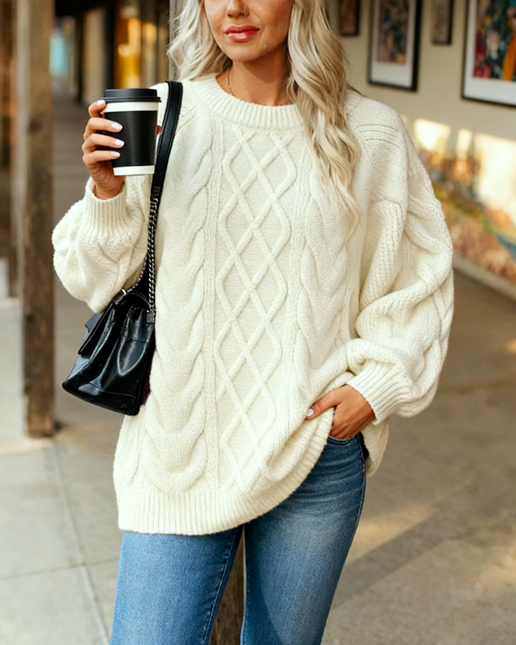 Oversized Cable Knit Tunic Sweater - White