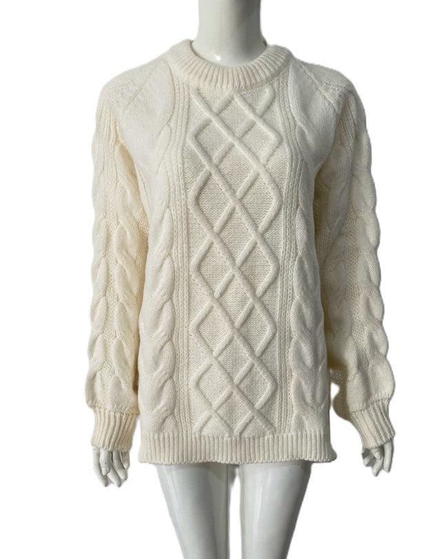 Oversized Cable Knit Tunic Sweater - White - 1
