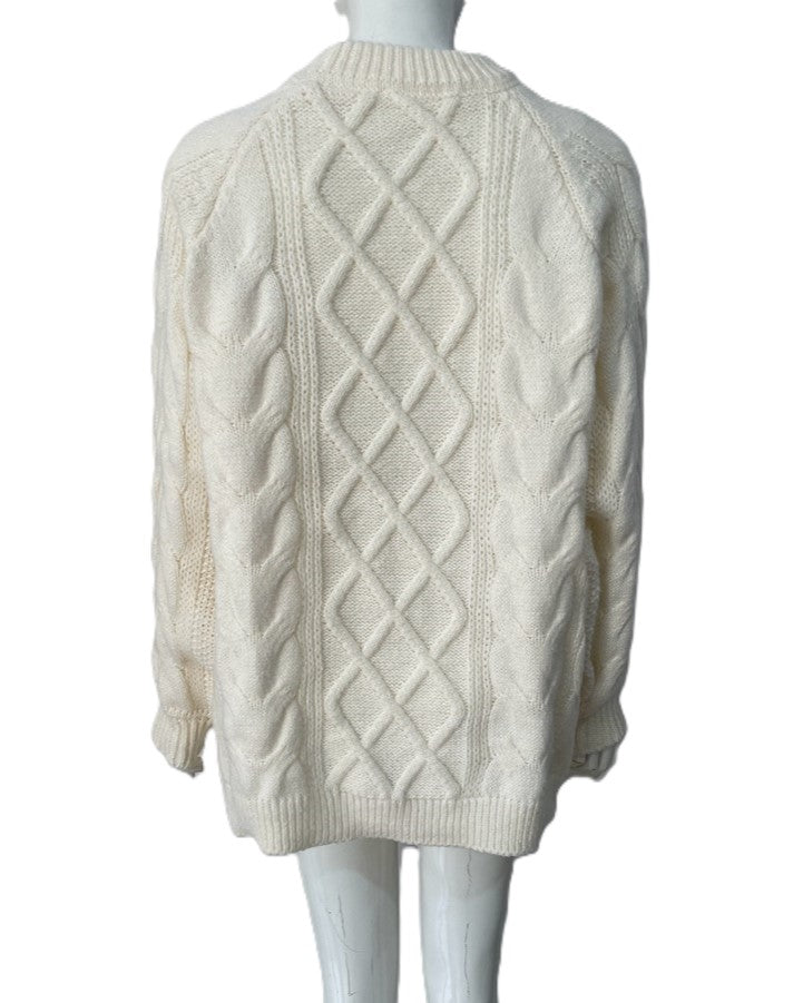 Oversized Cable Knit Tunic Sweater - White - 2