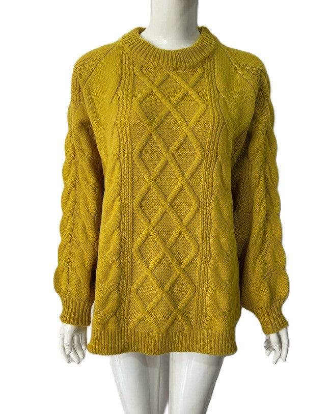 Oversized Cable Knit Tunic Sweater - Yellow