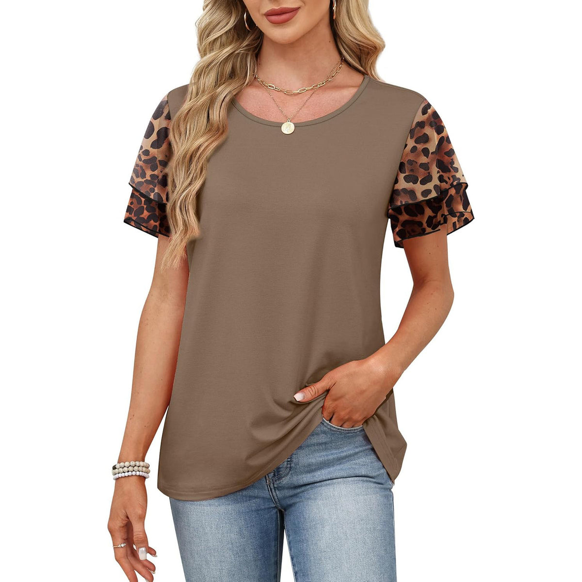 Boho Contrast Sleeve Twist Hem Tee - Coffee