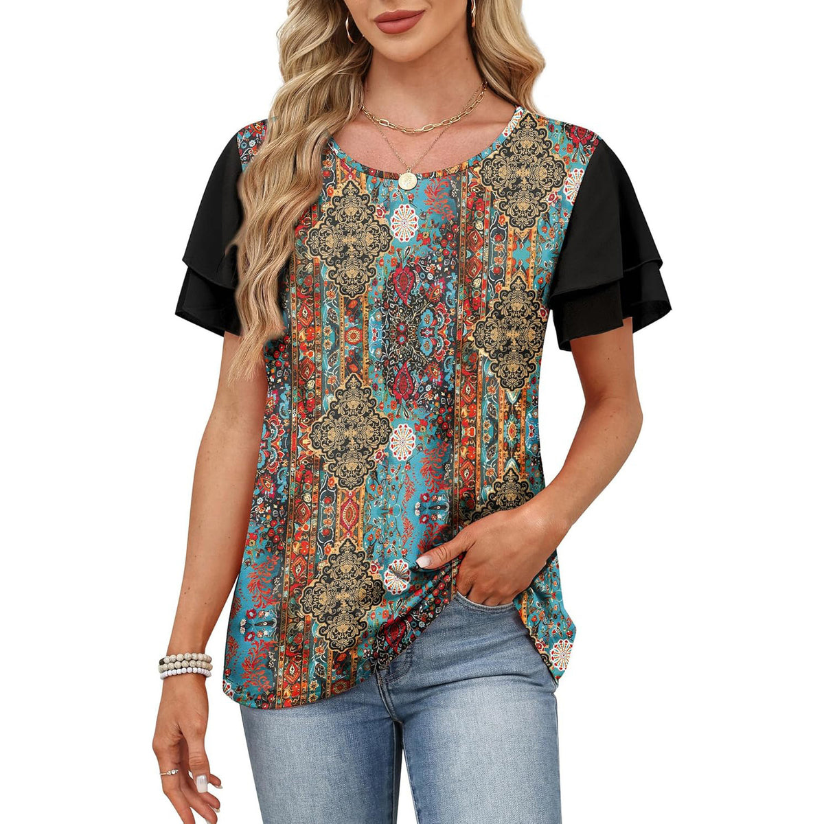 Boho Contrast Sleeve Twist Hem Tee - Paisley