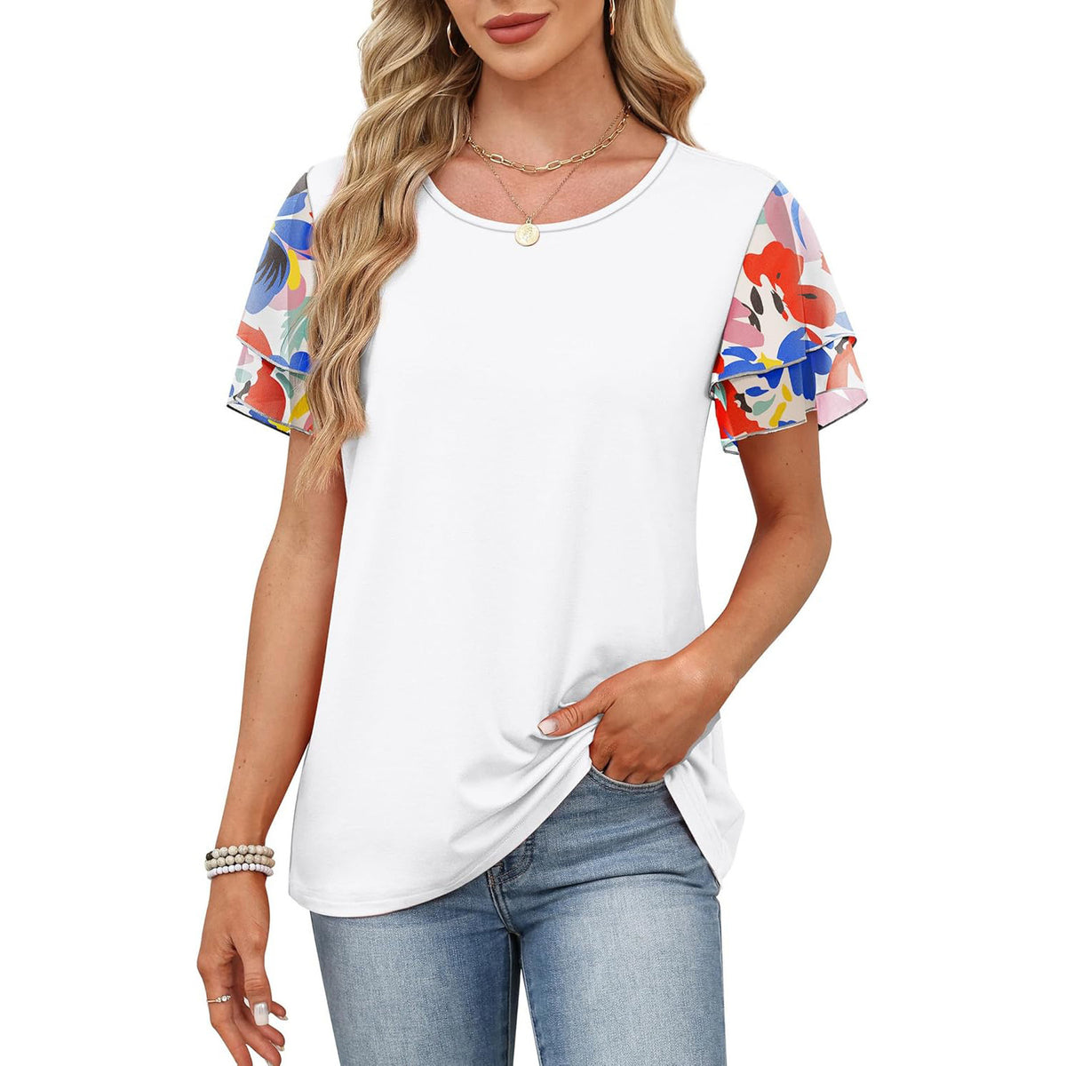 Boho Contrast Sleeve Twist Hem Tee - White