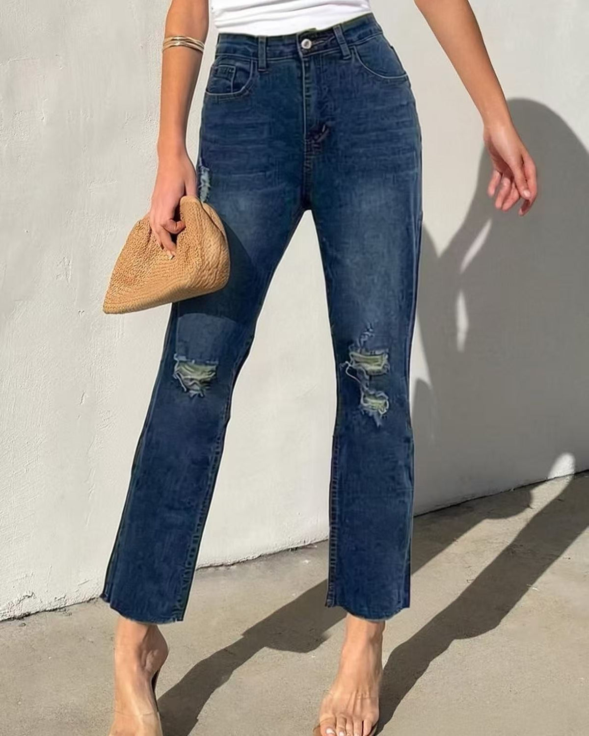 Distressed Raw Hem Straight Leg Jeans - Blue - 1