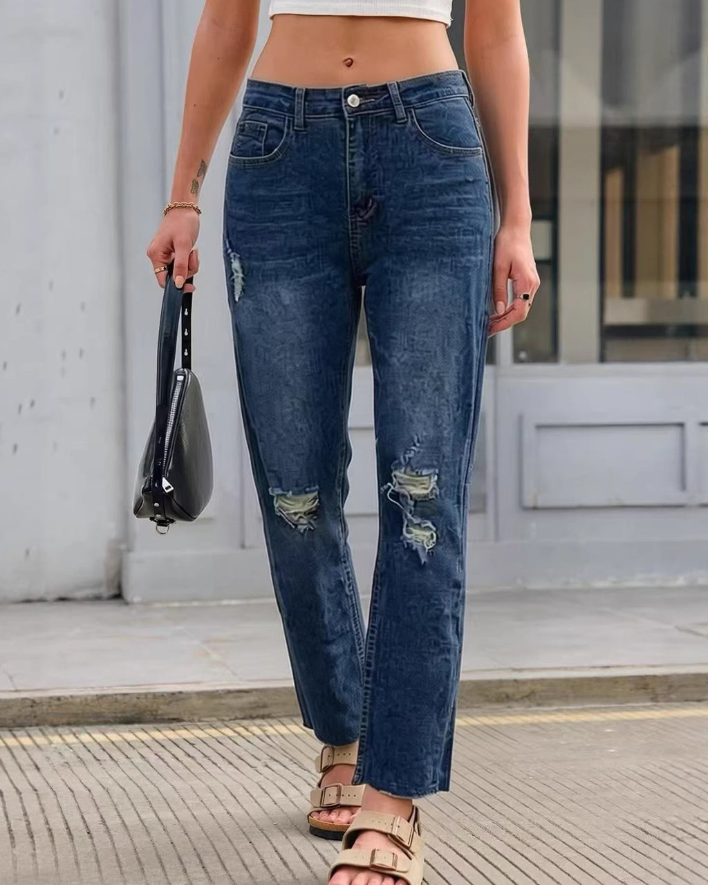 Distressed Raw Hem Straight Leg Jeans - Blue - 2