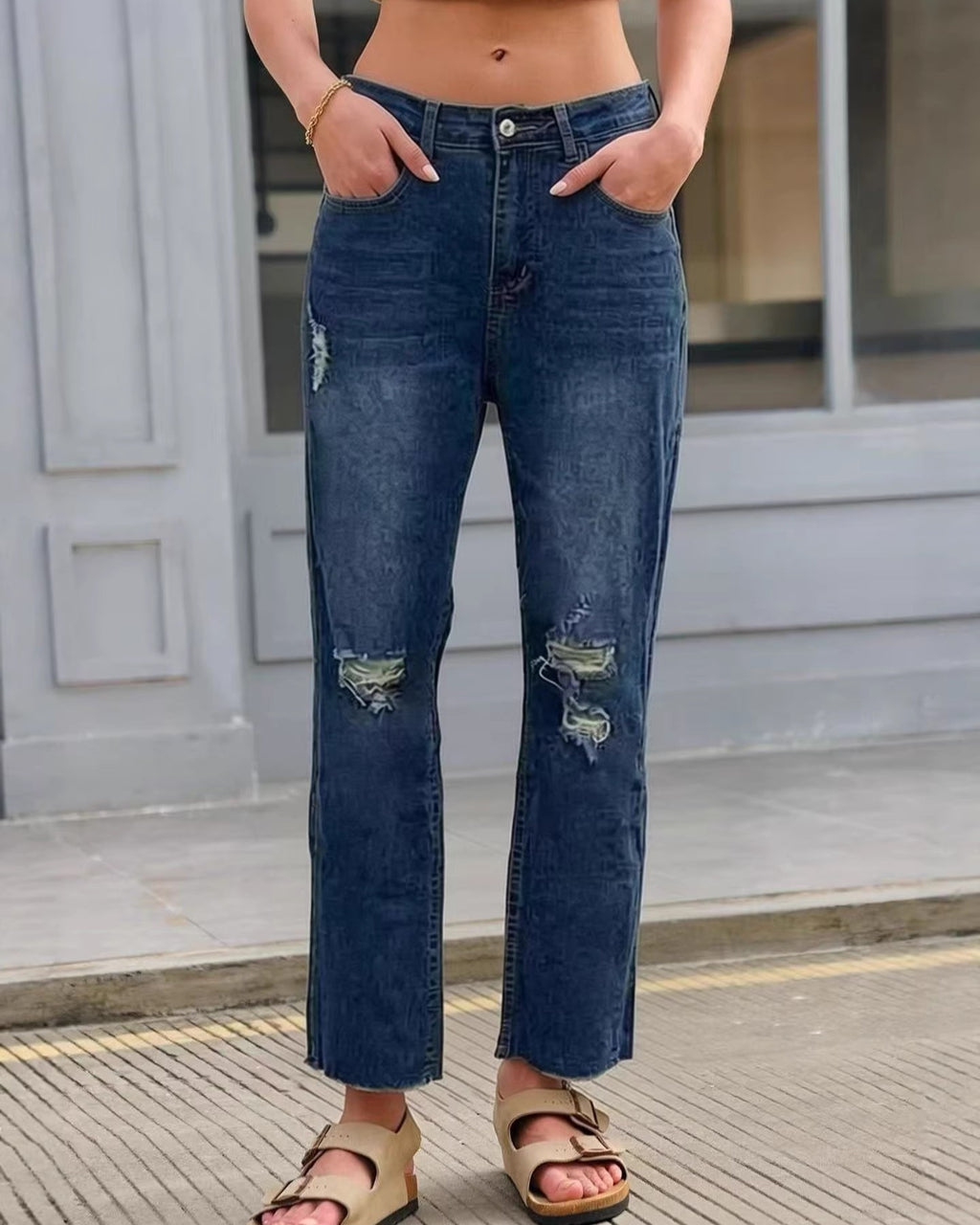 Distressed Raw Hem Straight Leg Jeans - Blue - 3