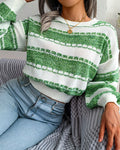 Contrast Textured Stripe Cropped Knit Sweater - Green