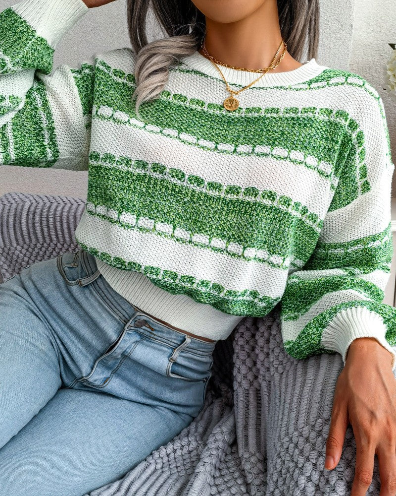 Contrast Textured Stripe Cropped Knit Sweater - Green