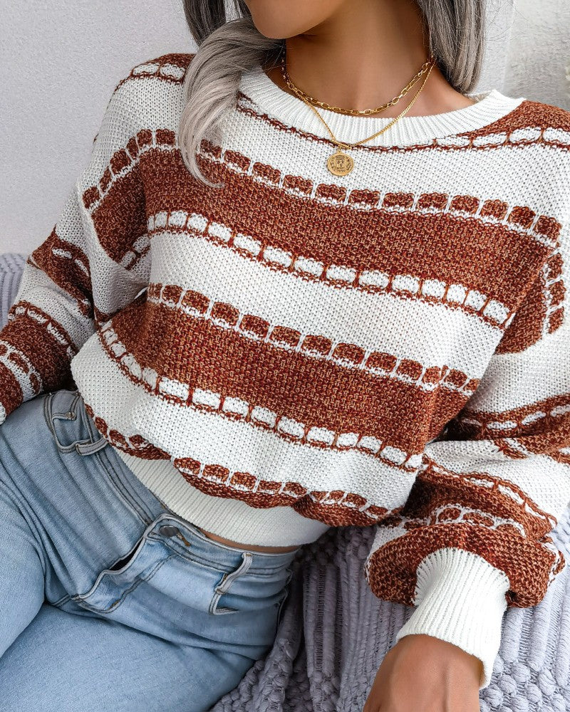 Contrast Textured Stripe Cropped Knit Sweater - Orange - 1