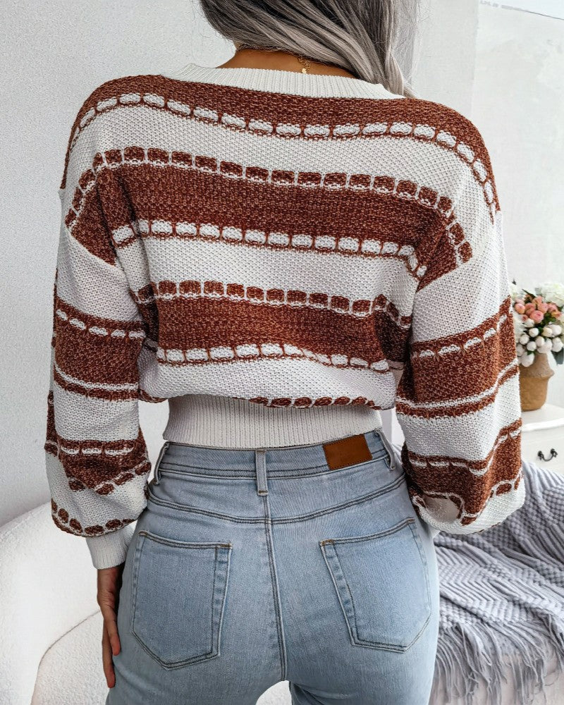 Contrast Textured Stripe Cropped Knit Sweater - Orange - 2