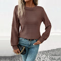 Textured Rib Stripe Crewneck Knit Pullover - Coffee