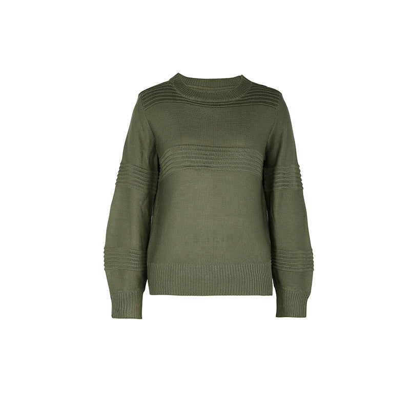 Textured Rib Stripe Crewneck Knit Pullover - Green