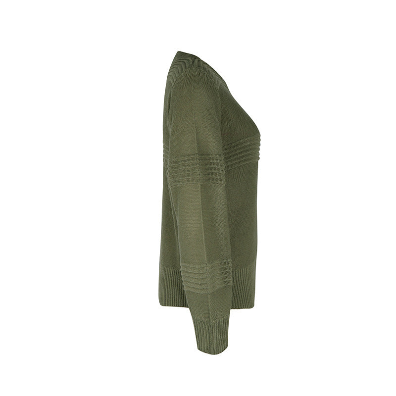 Textured Rib Stripe Crewneck Knit Pullover - Green - 1