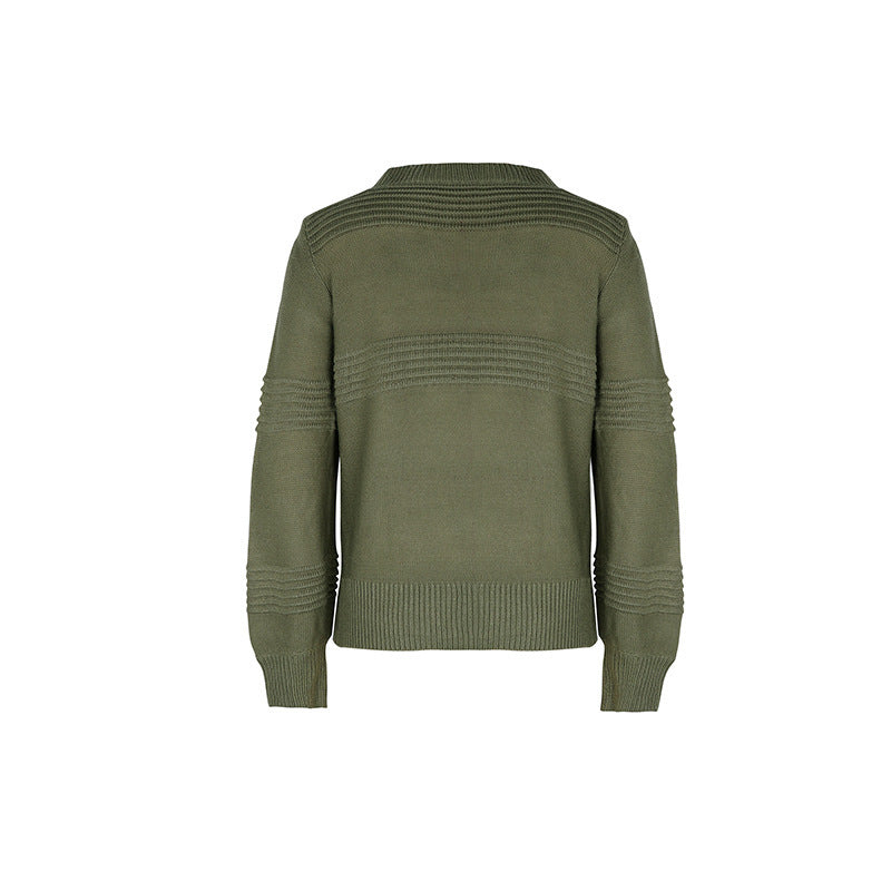 Textured Rib Stripe Crewneck Knit Pullover - Green - 2