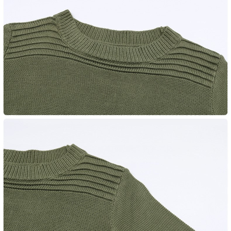 Textured Rib Stripe Crewneck Knit Pullover - Green - 4