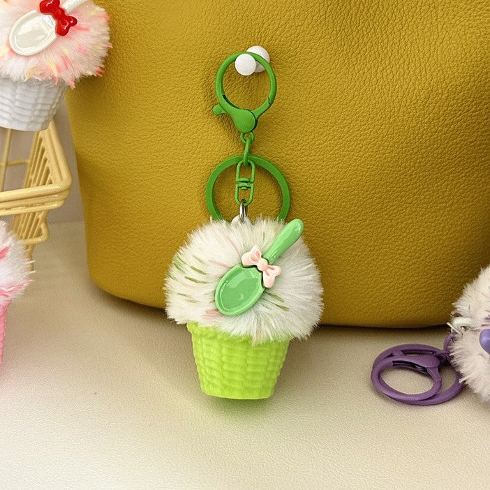 Fluffy Cupcake Keychain With Ribbon Bow - Green