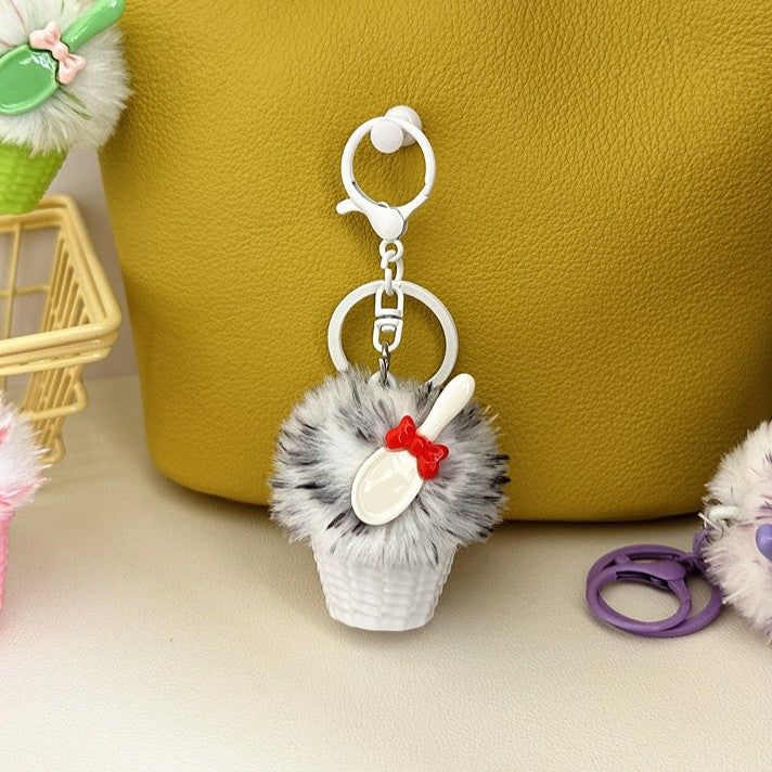 Fluffy Cupcake Keychain With Ribbon Bow - Grey