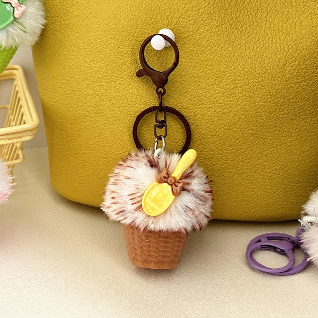 Fluffy Cupcake Keychain With Ribbon Bow - Khaki