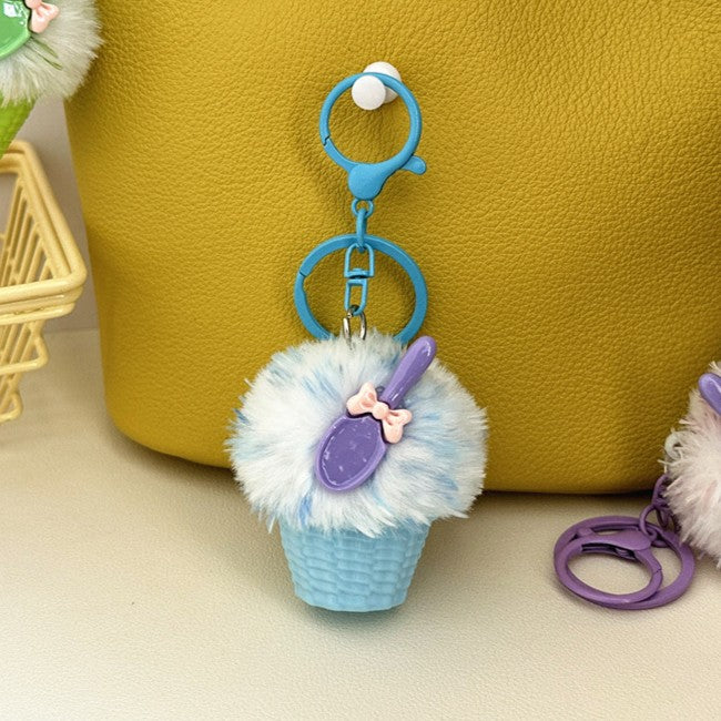 Fluffy Cupcake Keychain With Ribbon Bow - Sky-Blue