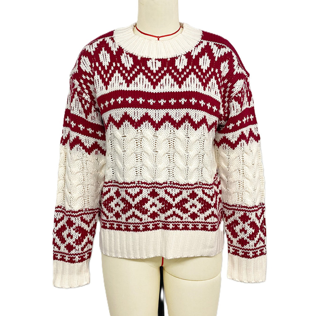 Fair Isle Cable Knit Holiday Sweater - Winered