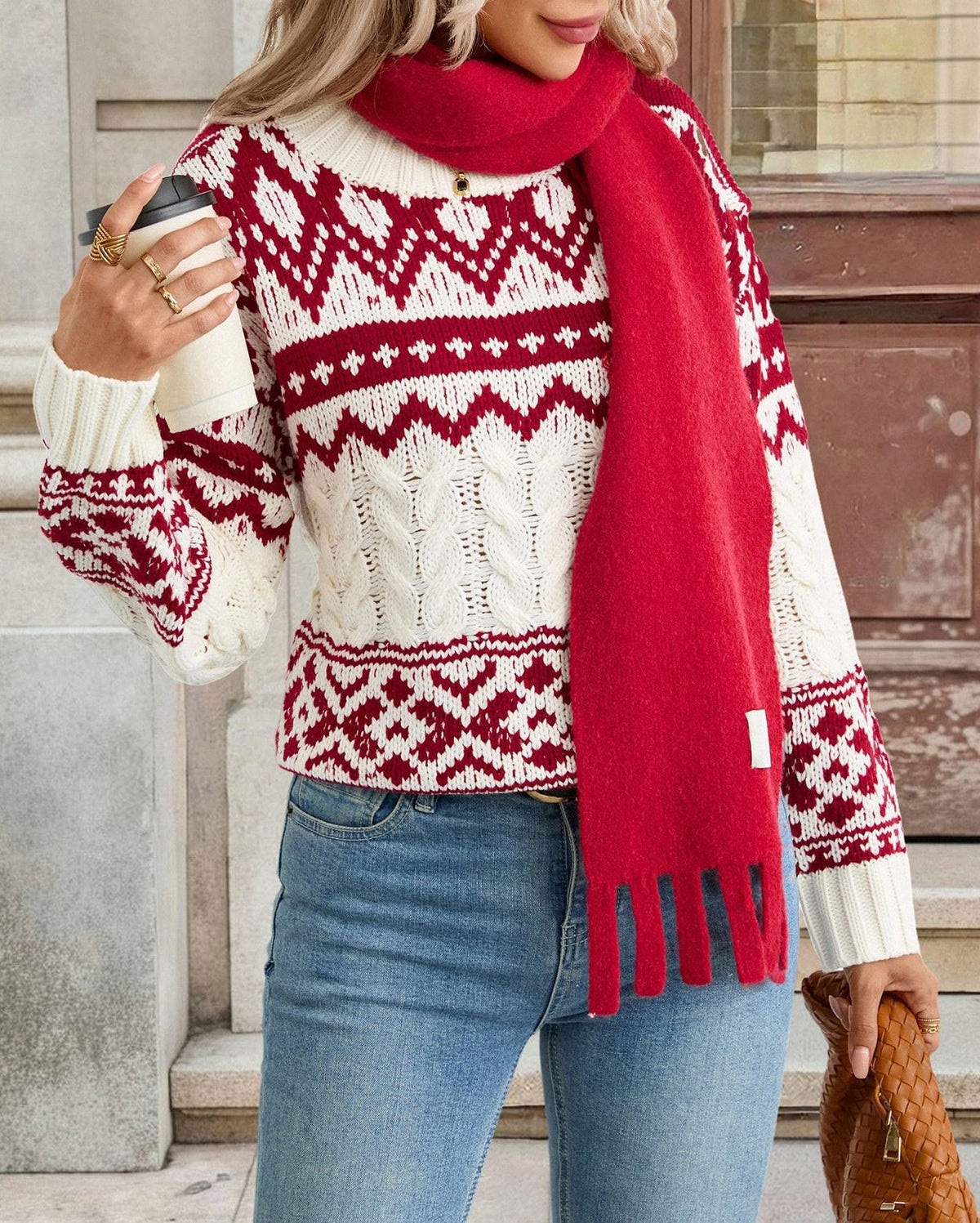 Fair Isle Cable Knit Holiday Sweater - Winered - 2