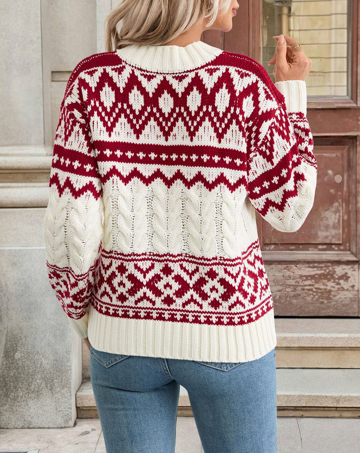 Fair Isle Cable Knit Holiday Sweater - Winered - 4
