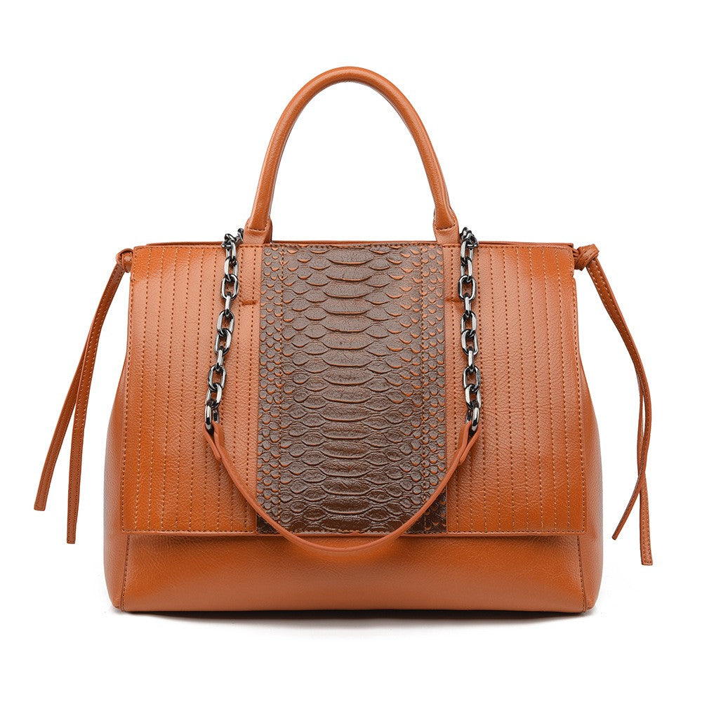 Snake Embossed Satchel with Chain Straps - Cognac