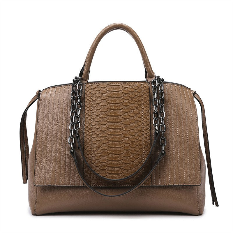 Snake Embossed Satchel with Chain Straps - Khaki