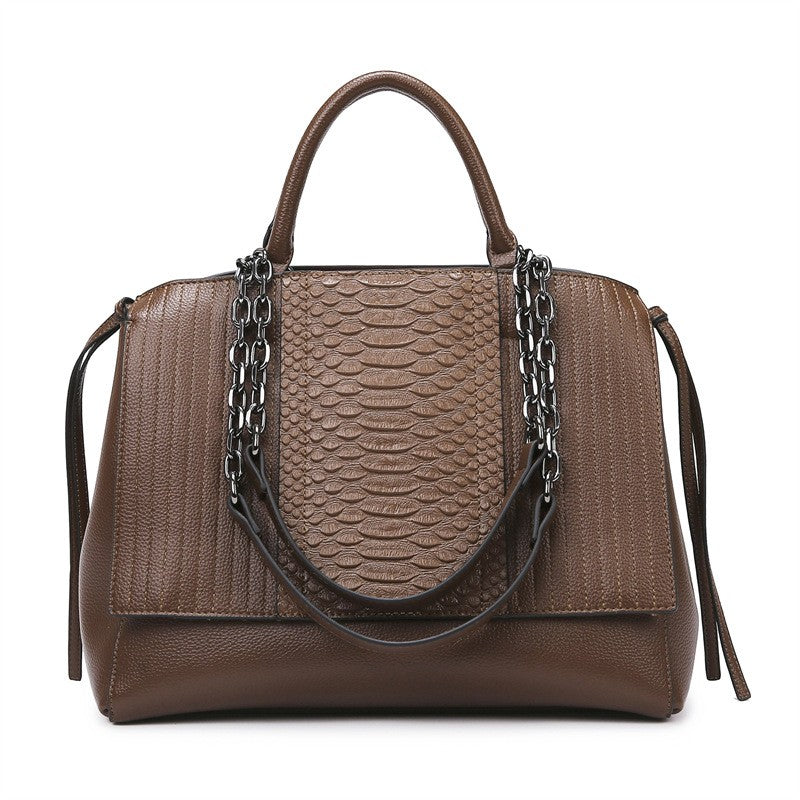 Snake Embossed Satchel with Chain Straps - Mocha