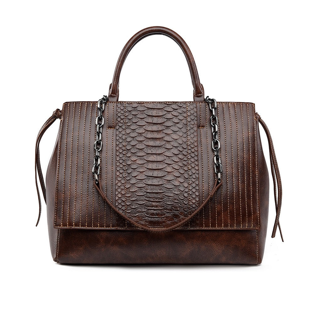 Snake Embossed Satchel with Chain Straps - Vintage Brown
