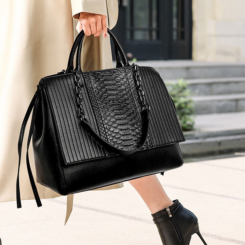 Snake Embossed Satchel with Chain Straps